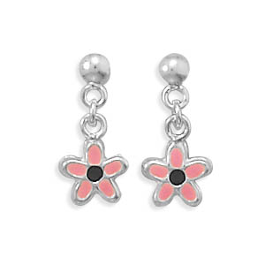 Pink and Black Enamel Flower Earrings