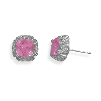 Rhodium Plated Synthetic Pink Sapphire and Pave CZ Earrings