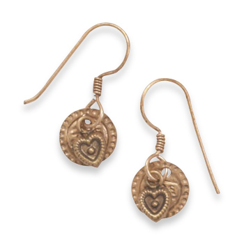 Copper French Wire Earrings with Copper Heart and Coin Charm