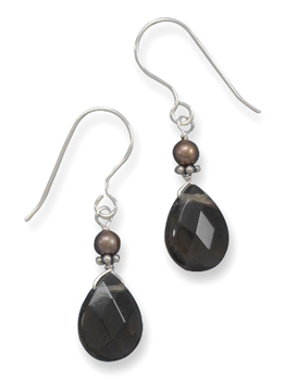 Brown Cultured Freshwater Pearl and Smoky Quartz French Wire Earrings