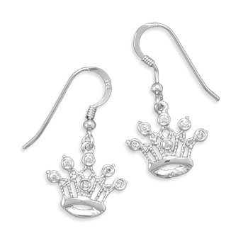 Rhodium Plated CZ Crown French Wire Earrings