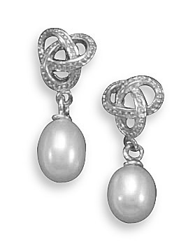 Rhodium Plated Love Knot Earrings with Cultured Freshwater Pearl Drop