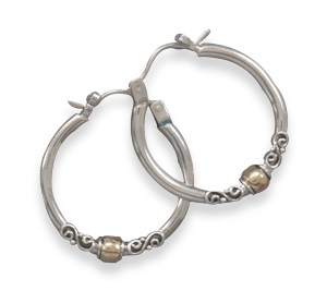 Polished Hoop Earrings with Bali Design and 14 Karat Gold Plate Beads
