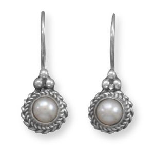 Oxidized Cultured Freshwater Pearl Earrings with Rope Edge