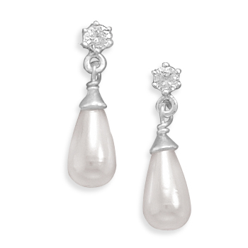 CZ Post Earrings with Simulated Pearl Drop