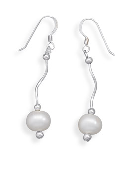 Wave Design Earrings with Cultured Freshwater Pearl Drop