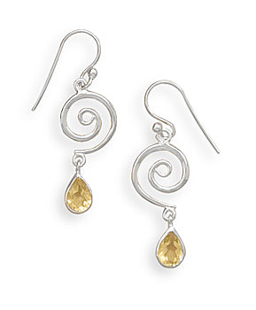 Swirl Design French Wire Earrings with Faceted Citrine Drop