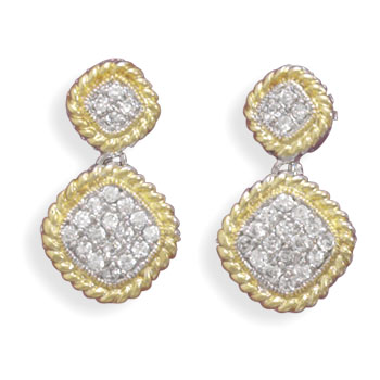 Rhodium Plated Two Tone Diamond Shape CZ Earrings