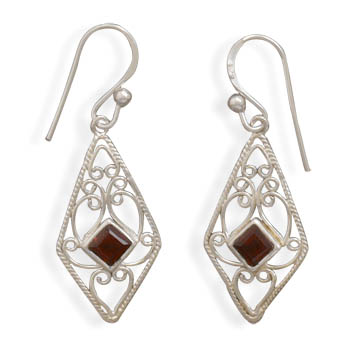 Scroll and Garnet French Wire Earrings