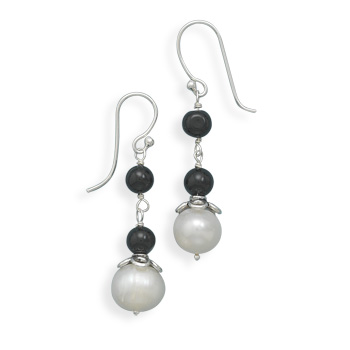 Cultured Freshwater Pearl and Black Onyx Earrings