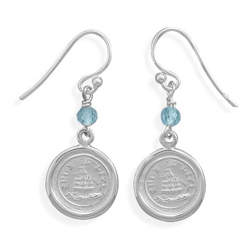 Earrings with Ship Charm and Blue Topaz Bead
