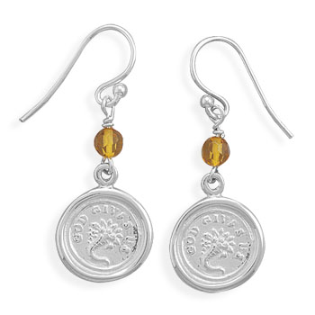 Earrings with "God Gives Us" Charm and Amber Bead