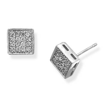 Rhodium Plated Square Pave CZ Earrings
