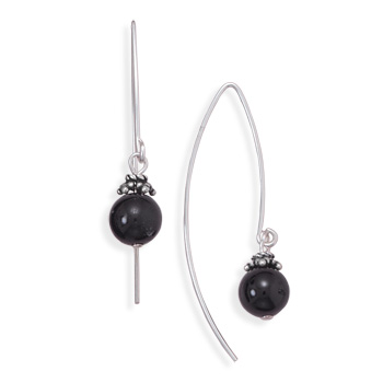 8mm Black Onyx Bead Long Wire Earrings