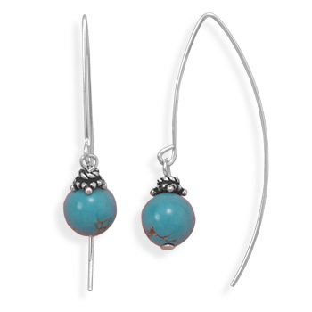 8mm Turquoise Bead Long Wire Earrings