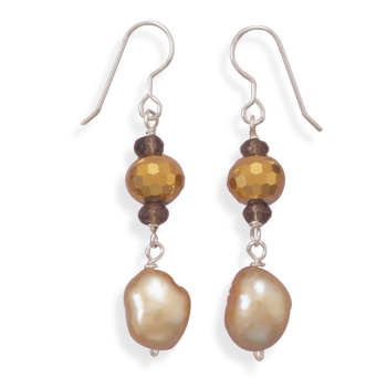 Cultured Freshwater Pearl and Gold Color Crystal Earrings