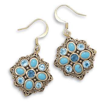 Bronze Earrings with Blue Topaz and Turquoise