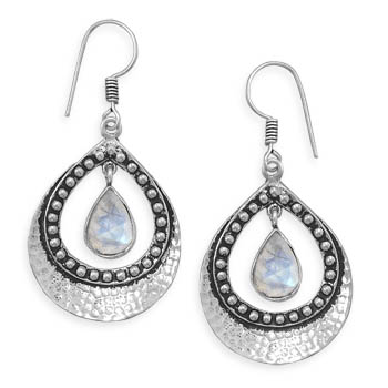 Hammered Pear Shape Earrings with Moonstone Drop