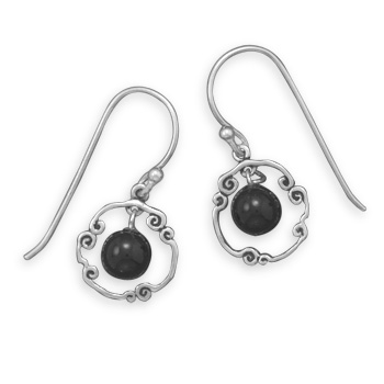 Oxidized Open Circle Earrings with Black Bead