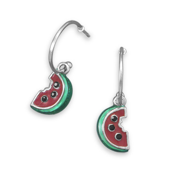 Rhodium Plated 1/2 Hoop Earrings with Watermelon Charm