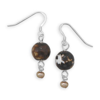 Brown Agate and Cultured Freshwater Pearl Earrings
