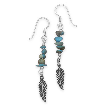 Turquoise Earrings with Oxidized Feather Drop