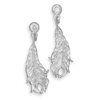 CZ Post Earrings with Sterling Silver Feather Drop