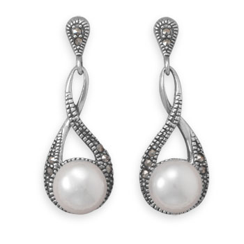 Marcasite and Shell Pearl Drop Earrings