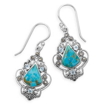 Turquoise, Blue Topaz and Marcasite Earrings