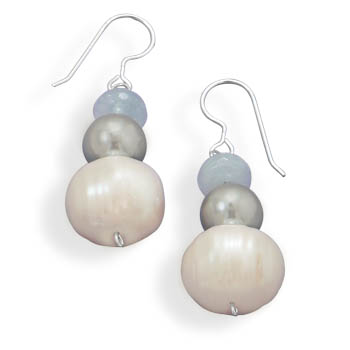 Cultured Freshwater Pearl, Shell and Aquamarine Drop Earrings