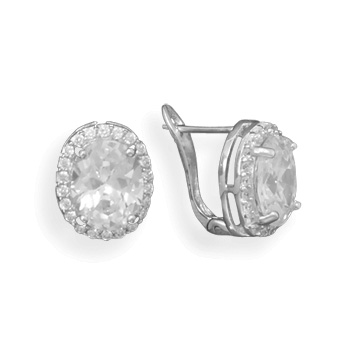 Rhodium Plated Oval CZ Post Clip Earrings