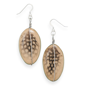 Earrings with Feather Design Wood Bead