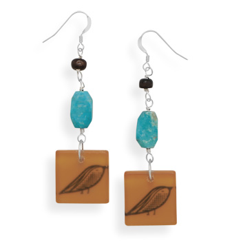Turquoise Earrings with Bird Bead Drop