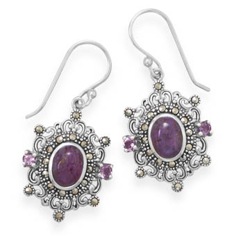 Ornate Marcasite and Purple Turquoise Earrings
