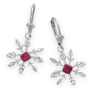 Rhodium Plated Snowflake Earrings with Clear and Red CZ