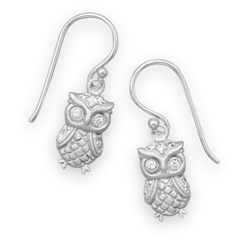 Rhodium Plated Satin Finish Owl Earrings