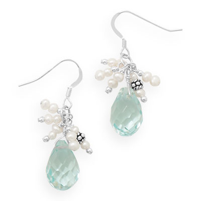 Handmade Earrings with Light Blue Quartz and Pearls