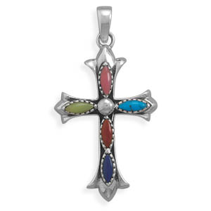 Marquise Multicolor Stone Cross Pendant
