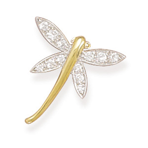 Rhodium Plated Silver/14K Gold Plated CZ Dragonfly Slide
