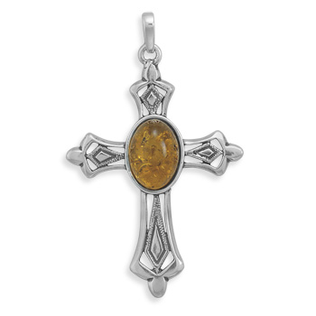 Oxidized Cross Pendant with Cognac Amber