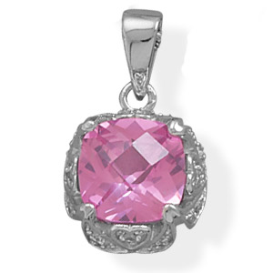 Rhodium Plated Synthetic Pink Sapphire and Pave CZ Pendant