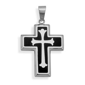 Stainless Steel and Black Resin Inlay Cross Pendant