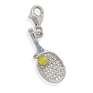 Rhodium Plated Tennis Racket Charm with Lobster Clasp