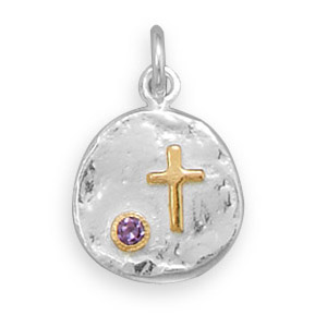 Two Tone Pendant with Cross and Purple CZ