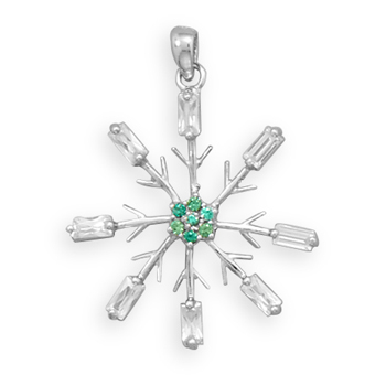 Rhodium Plated Snowflake Pendant with Clear and Green CZ