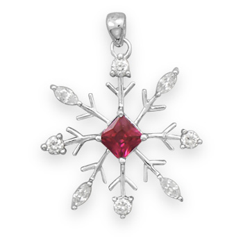 Rhodium Plated Snowflake Pendant with Clear and Red CZ