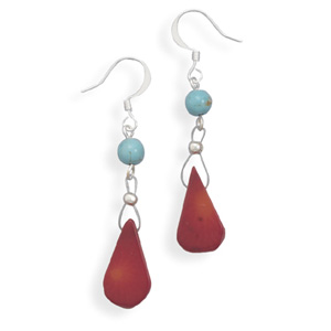 Turquoise and Red Coral Drop Fashion French Wire Earrings
