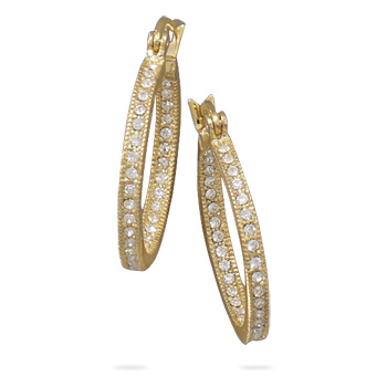 14 Karat Gold Plated In and Out Crystal Fashion Hoop Earrings