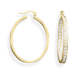 14 Karat Gold Plated Oval In and Out Crystal Fashion Hoop Earrings