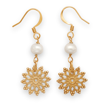 Gold Tone Fashion Earrings with Sun Drops and Cultured Freshwater Pearls